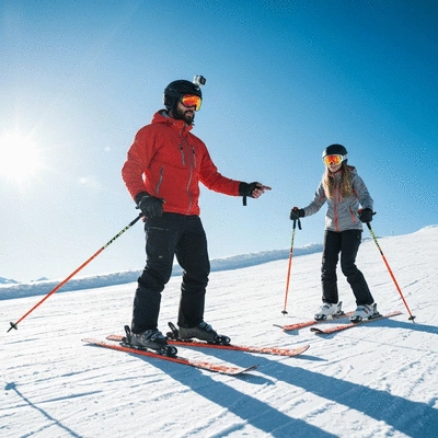 Ski guide teaching a skier on a snowy mountain slope